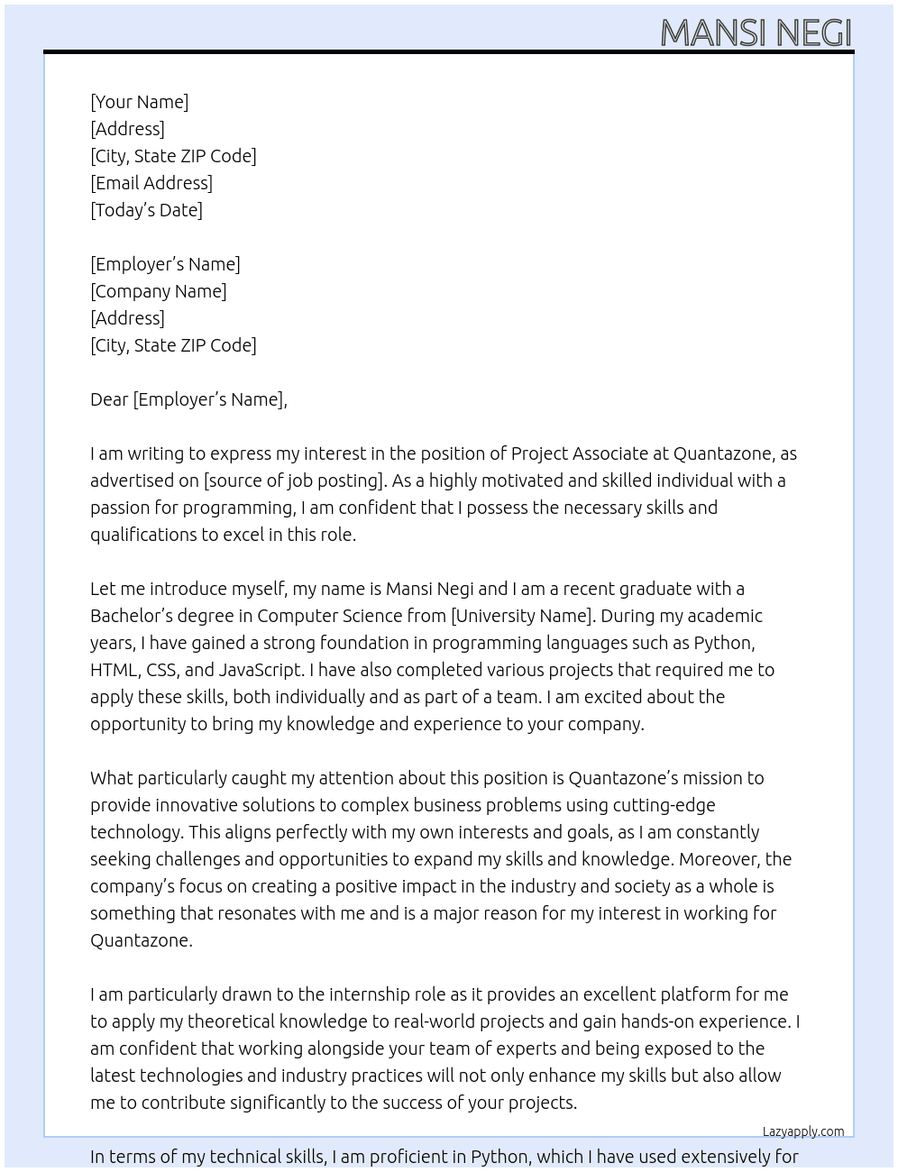 Project Associate At Quantazone Cover Letter