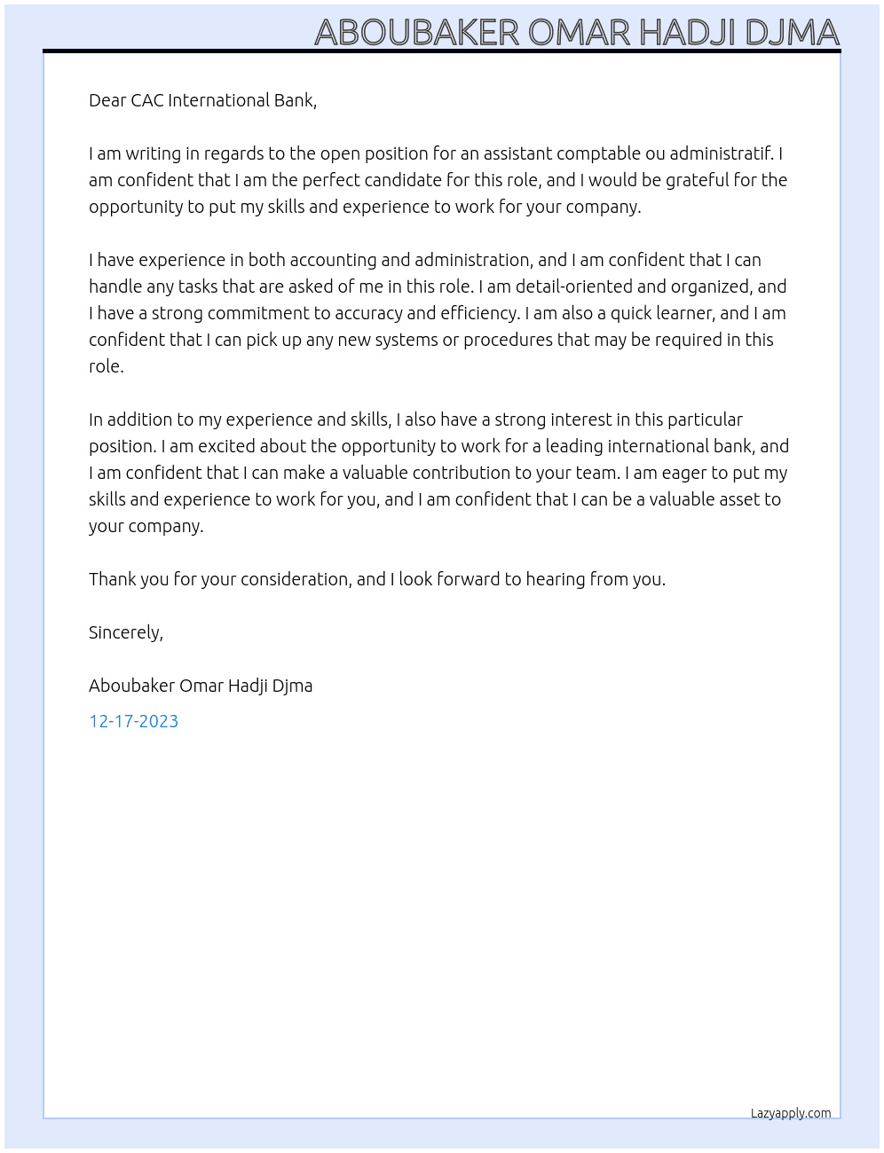 assistant comptable ou administratif At CAC international banl Cover Letter