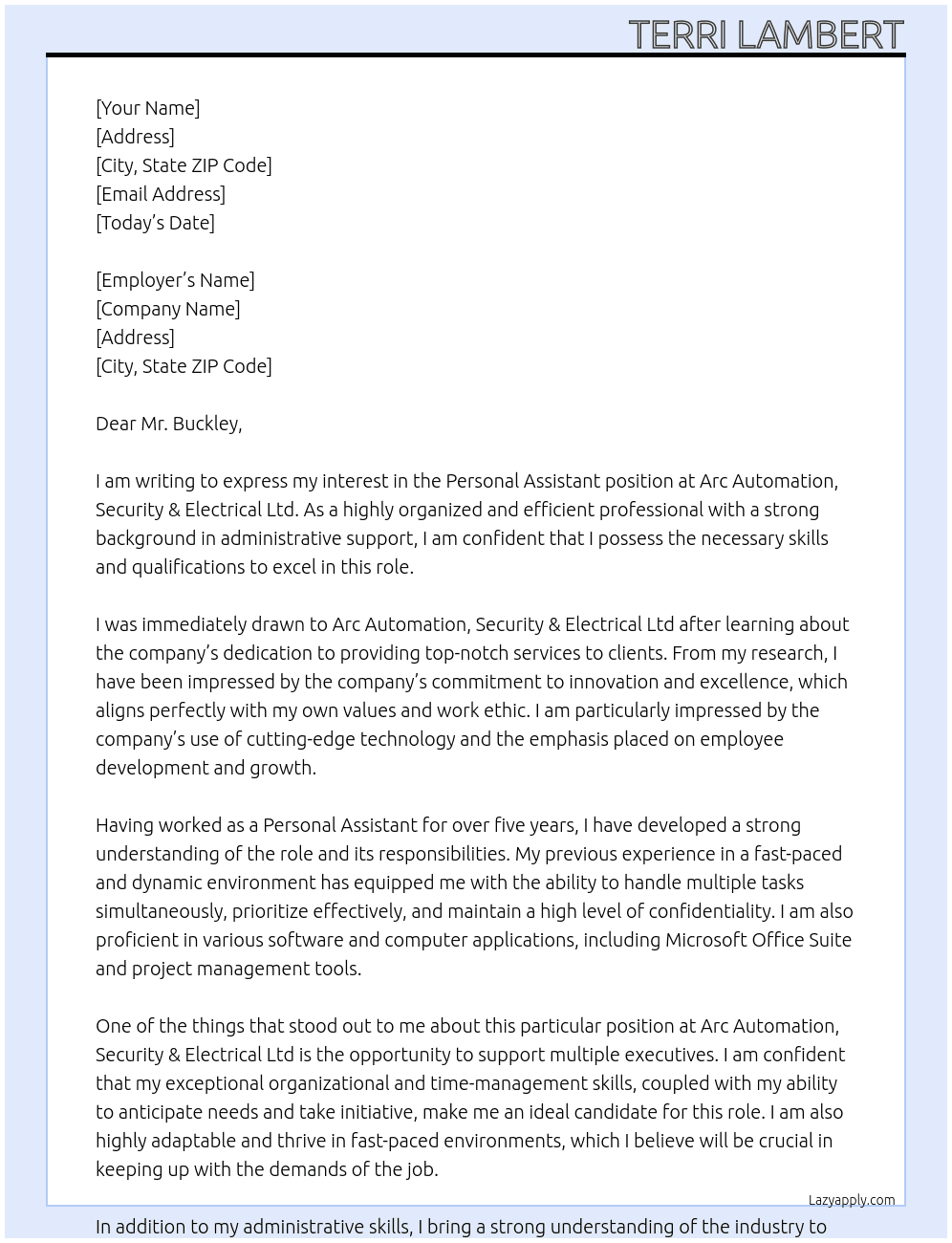 Personal Assistant At Arc Automation, Security & Electrical Ltd Cover Letter