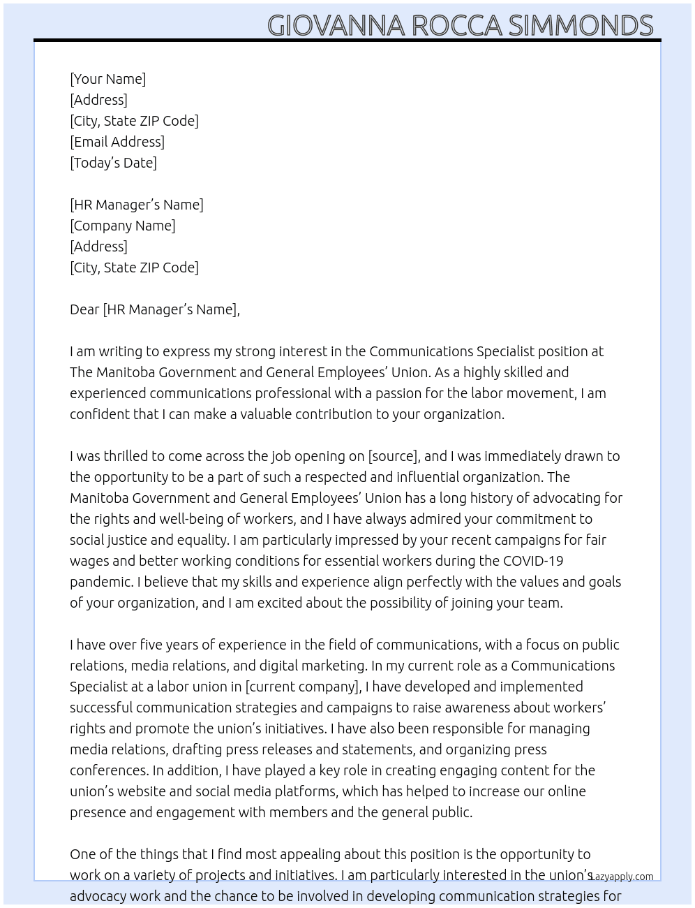 Communications Specialist At The Manitoba Government and General Employees’ Union Cover Letter