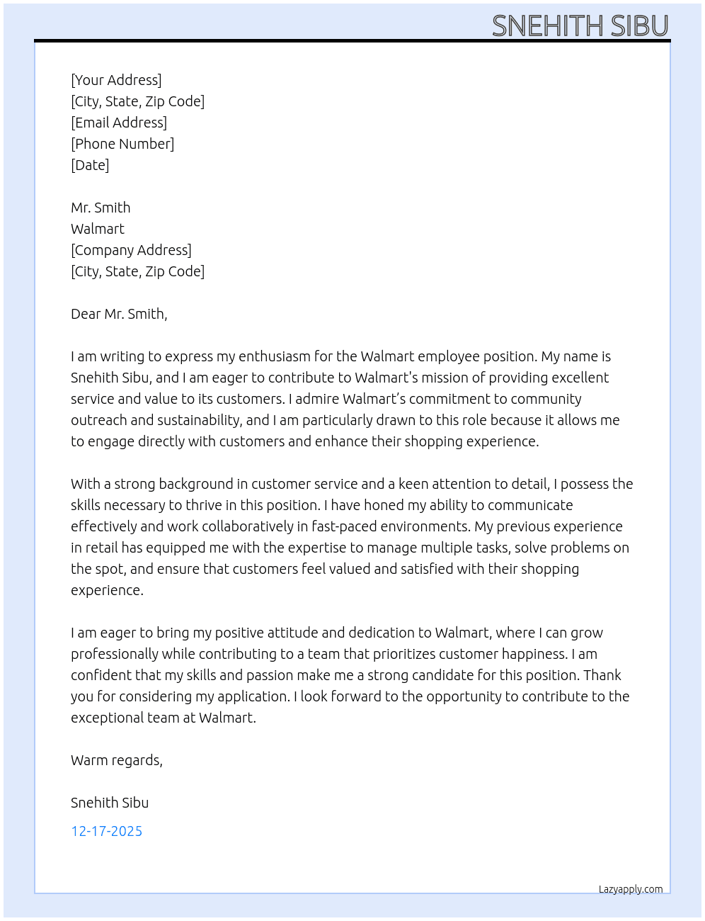 Walmart employee At Walmart Cover Letter