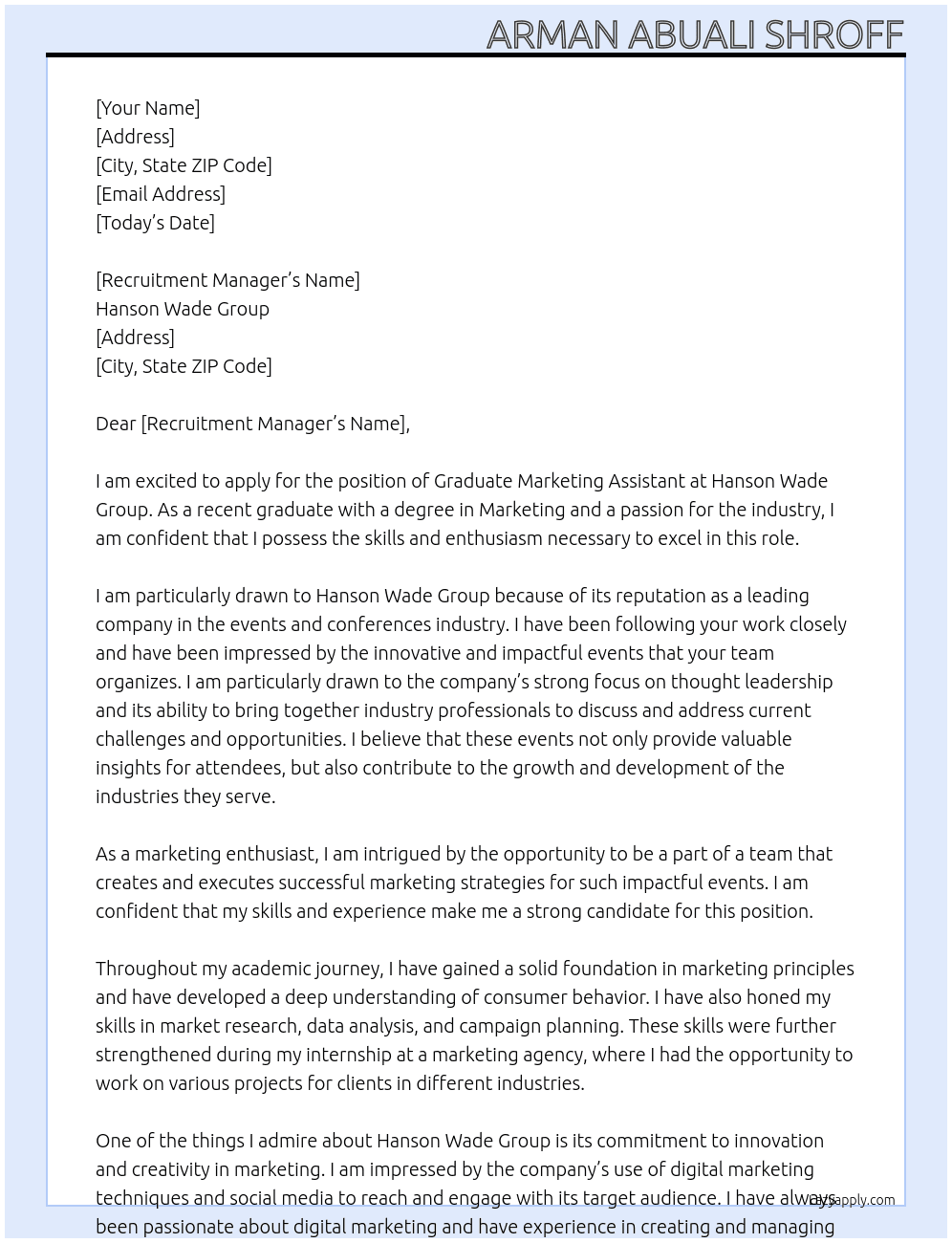 Graduate Marketing Assistant At Hanson Wade Group Cover Letter