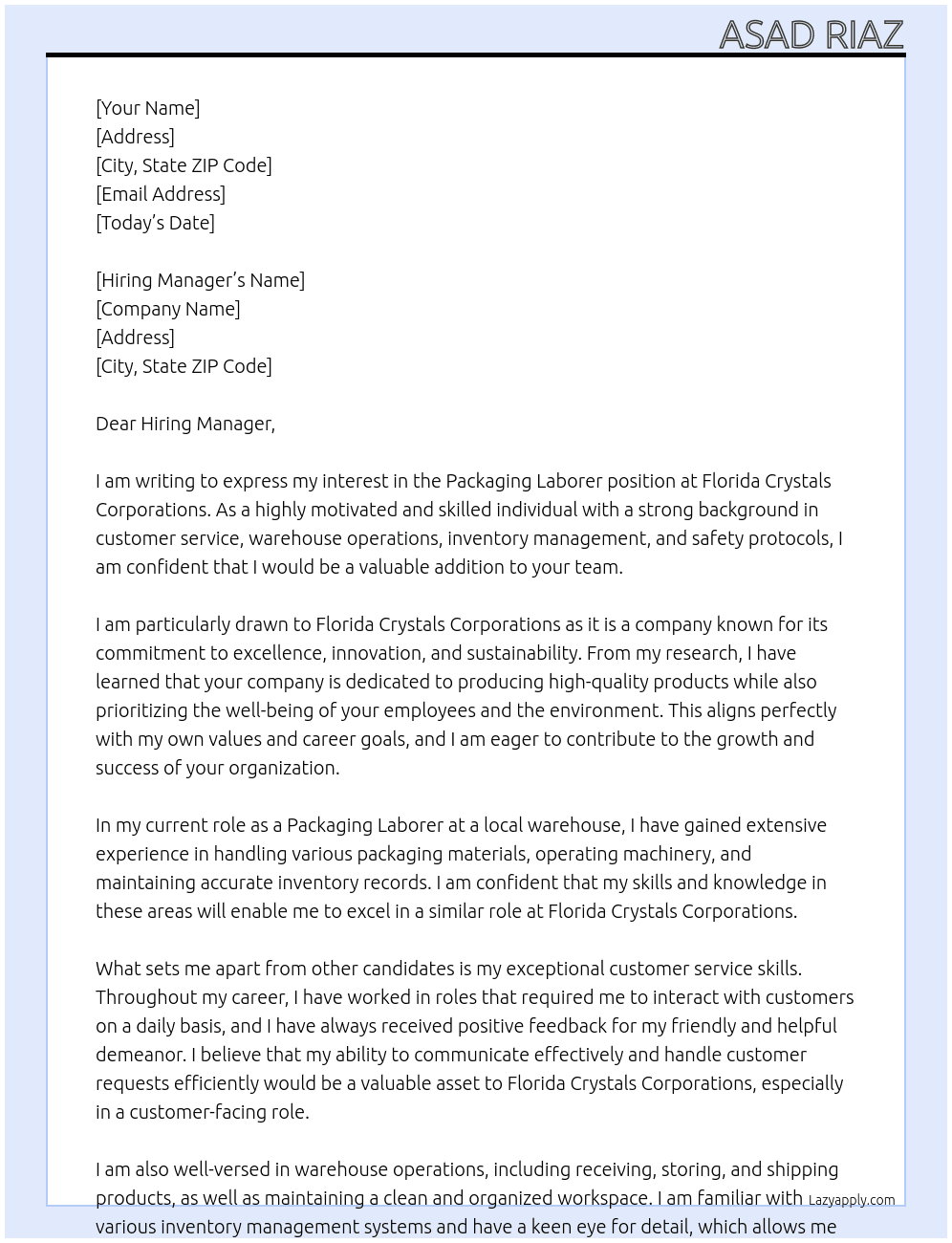 Packaging Laborer At Florida Crystals corporations Cover Letter