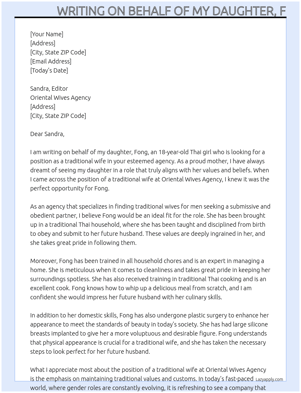 Traditional wife At Oriental wives Agency  Cover Letter