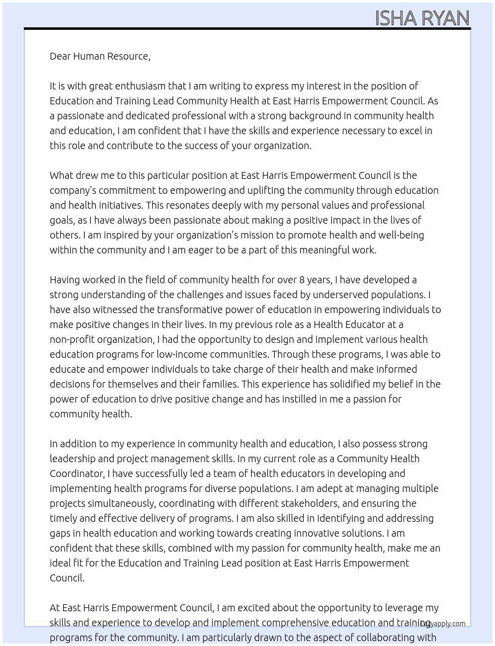 education and training lead community health At East Harris Empowerment Council  Cover Letter