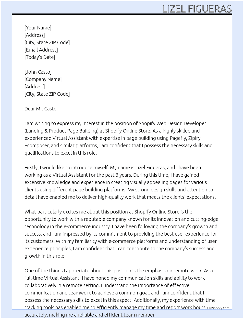 Shopify Web Design Developer (Landing & Product Page Building) At Shopify Online Store Cover Letter