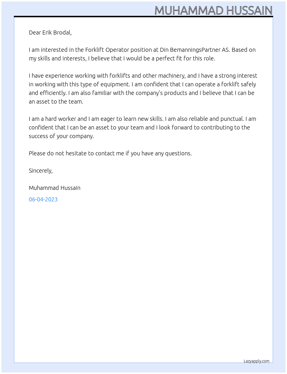 Forklift Operator At Din BemanningsPartner AS Cover Letter