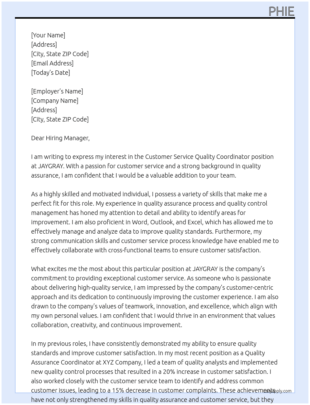 Customer service Quality Cordinator At JAYGRAY Cover Letter