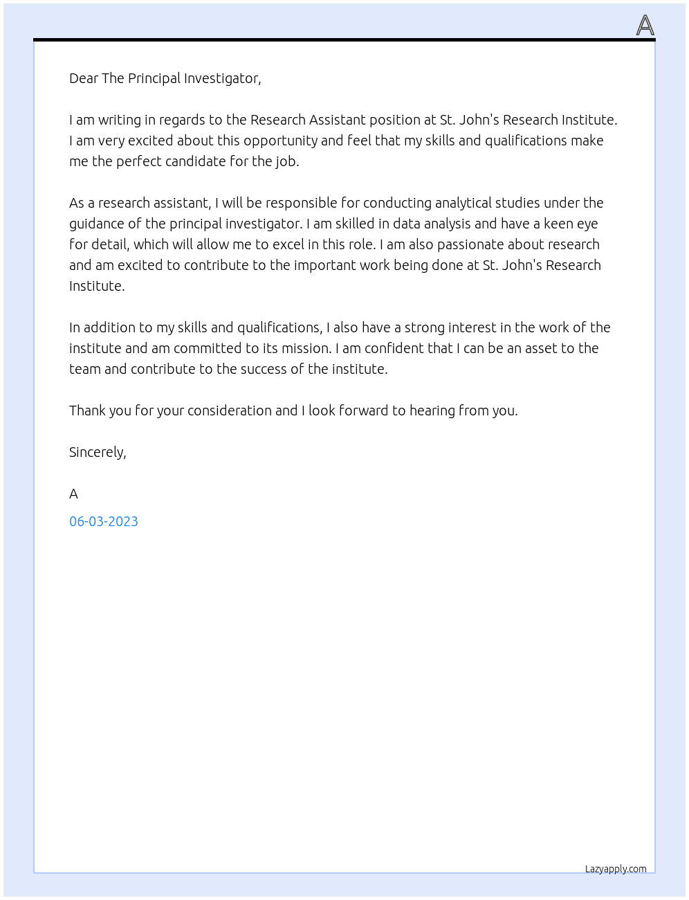 Research Assistant  At St. John's Research Institute Cover Letter