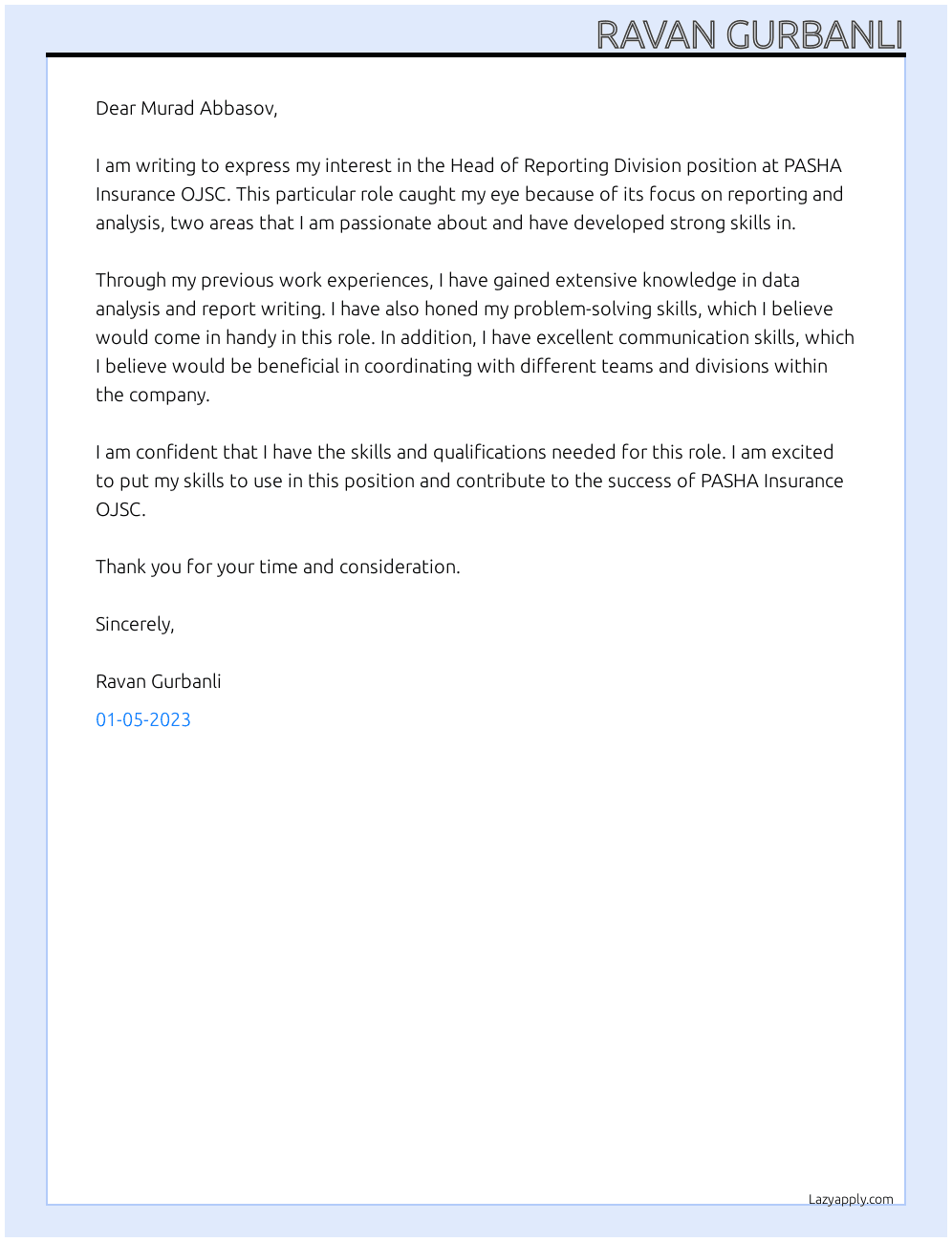 Head of Reporting Division At PASHA Insurance OJSC Cover Letter