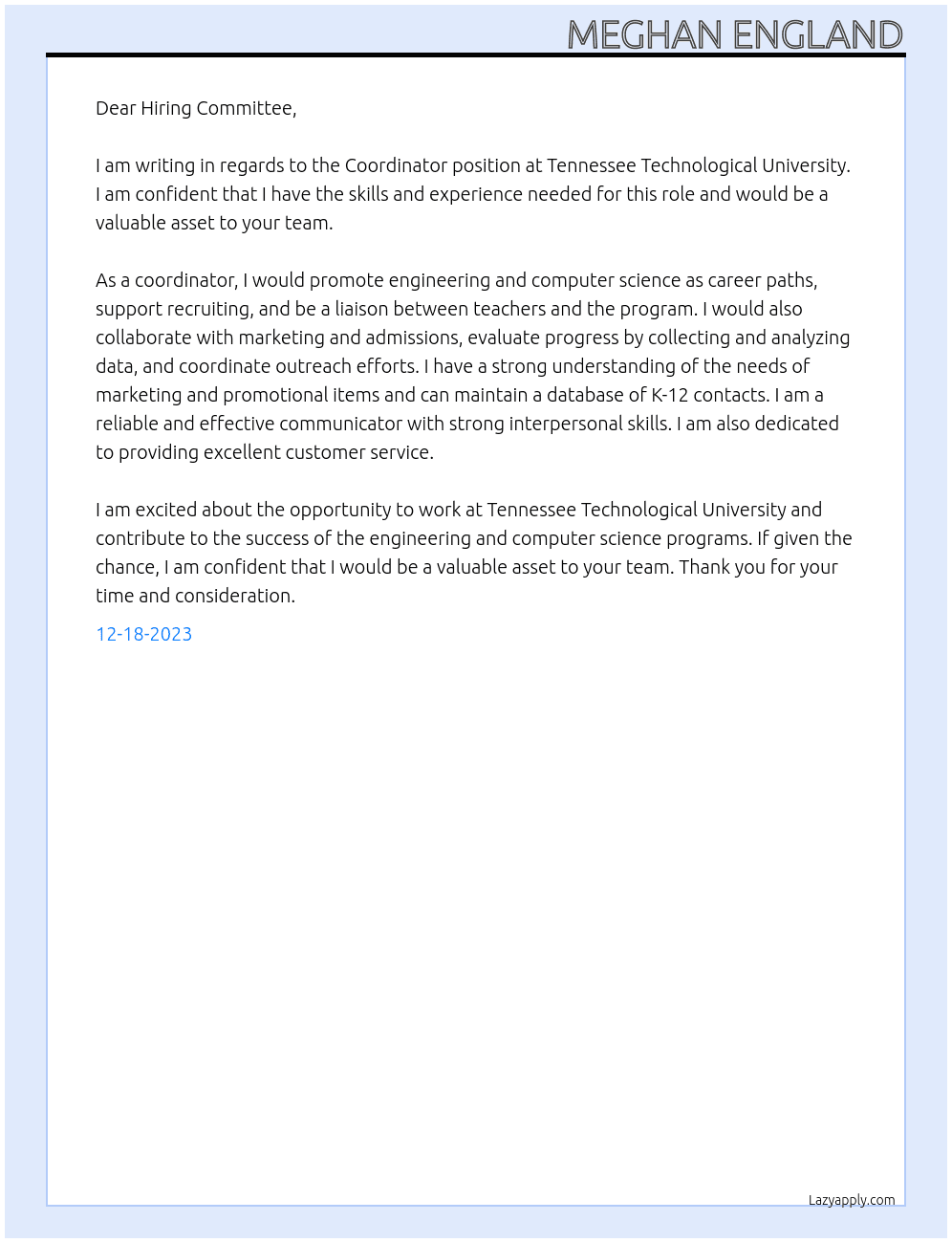 Coordinator At Tennessee Technological University Cover Letter