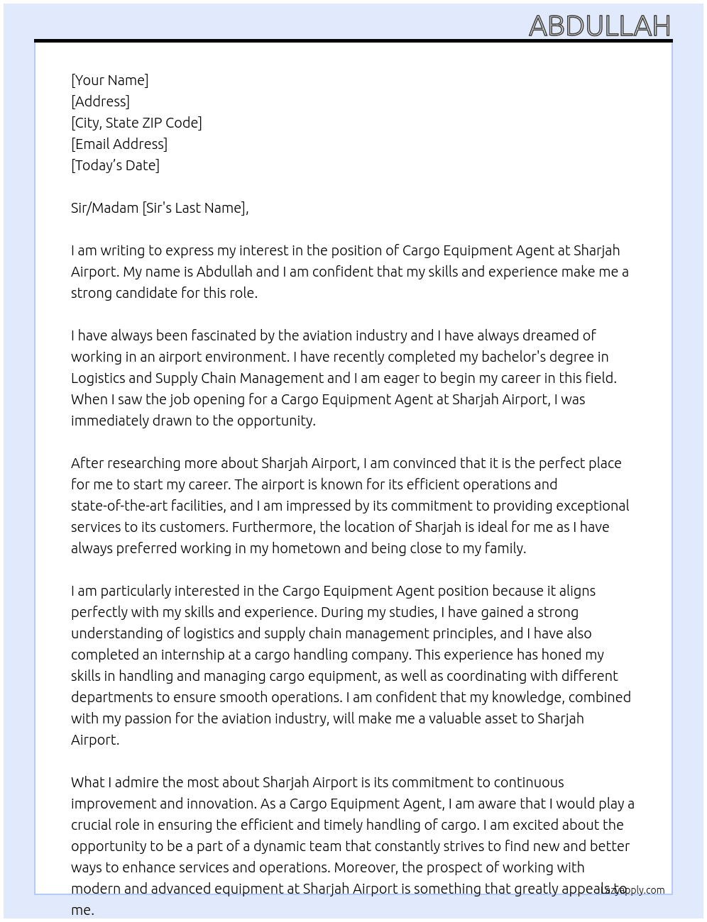 Cargo equipment agent At Sharjah airport  Cover Letter