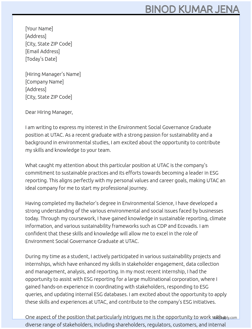 Environment Social Governance Graduate At UTAC Cover Letter
