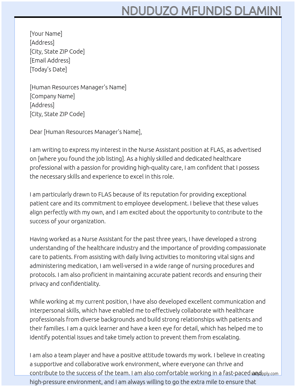 Nurse assistant  At FLAS Cover Letter