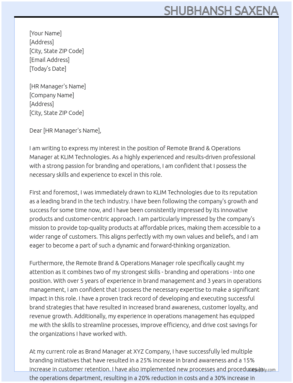 Remote Brand & Operations Manager At KLIM Technologies Cover Letter