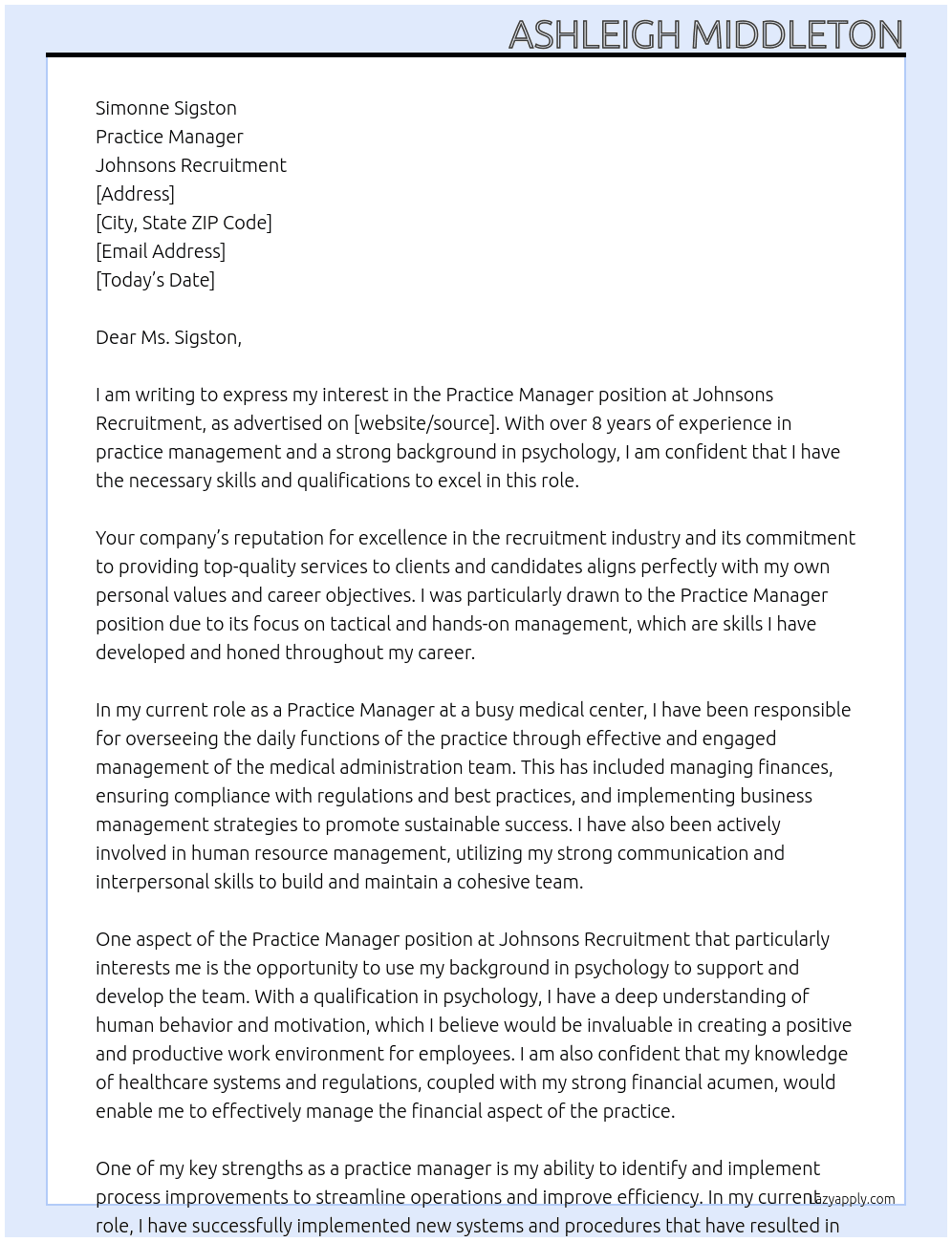 Practice Manager At Johnsons recruitment Cover Letter