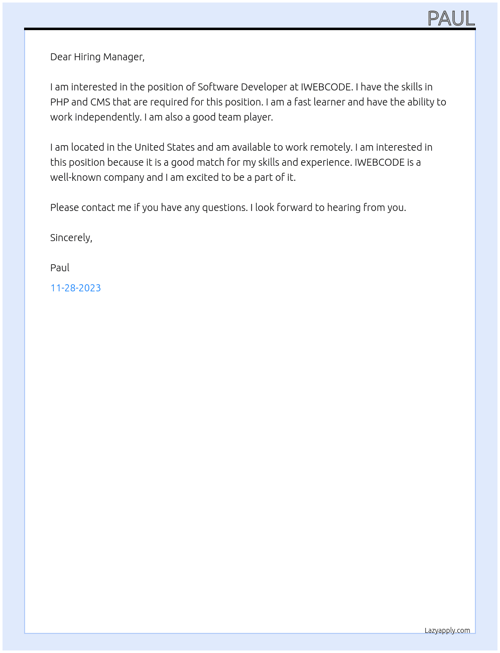 Software Developer At IWEBCODE Cover Letter