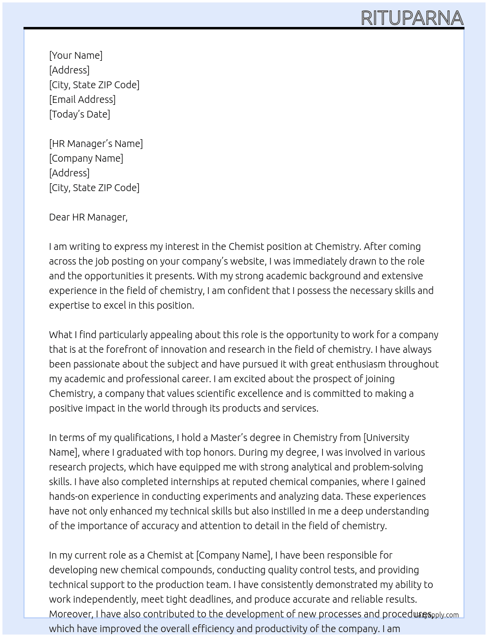 chemist At chemistry Cover Letter