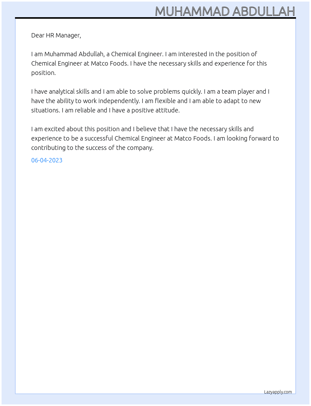 Chemical Engineer At  Matco Foods Cover Letter