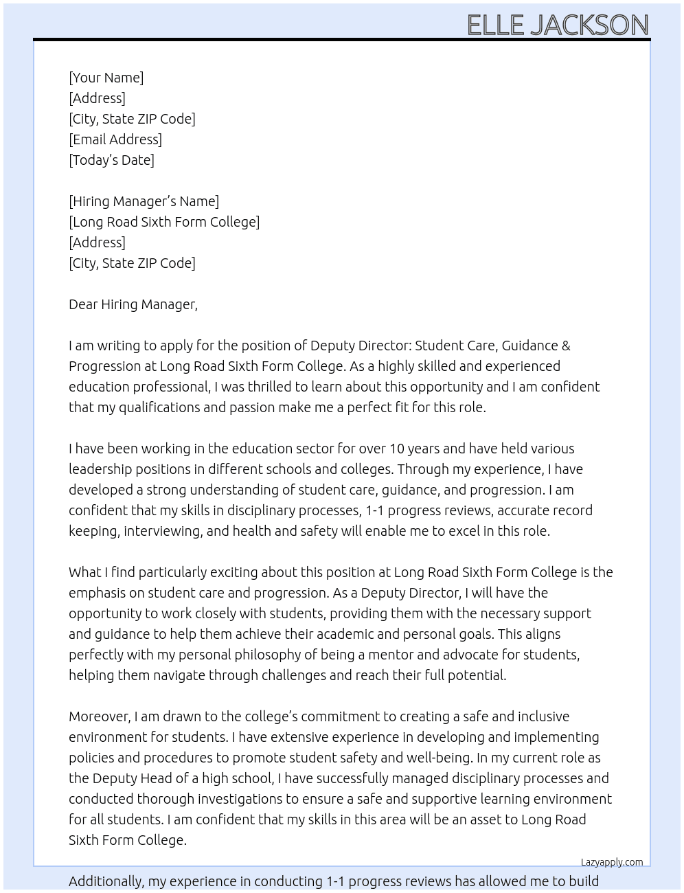 Deputy Director: Student Care, Guidance & Progression At Long Road Sixth Form college Cover Letter