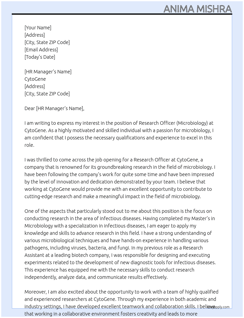 Research Officer (Microbiology) At CytoGene Cover Letter
