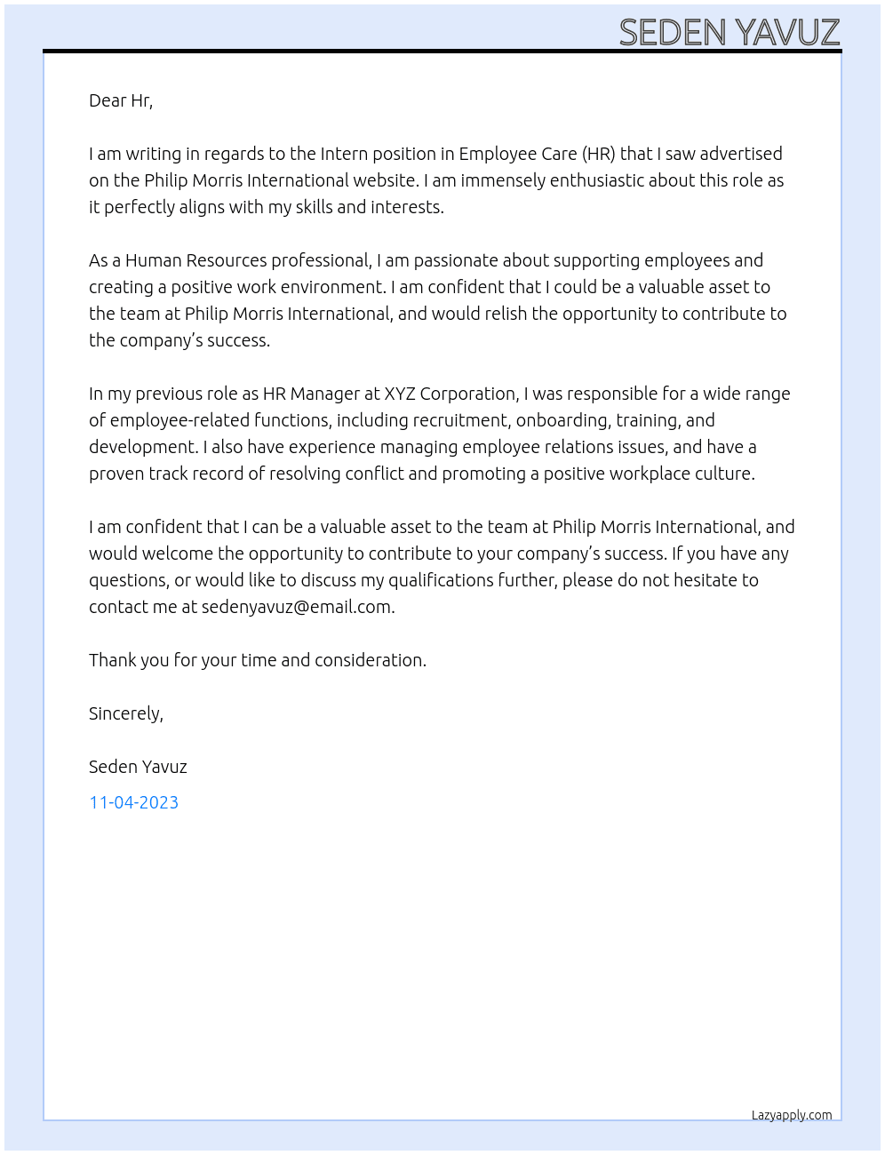 Intern in Employee Care (HR) At Philip Morris International Cover Letter