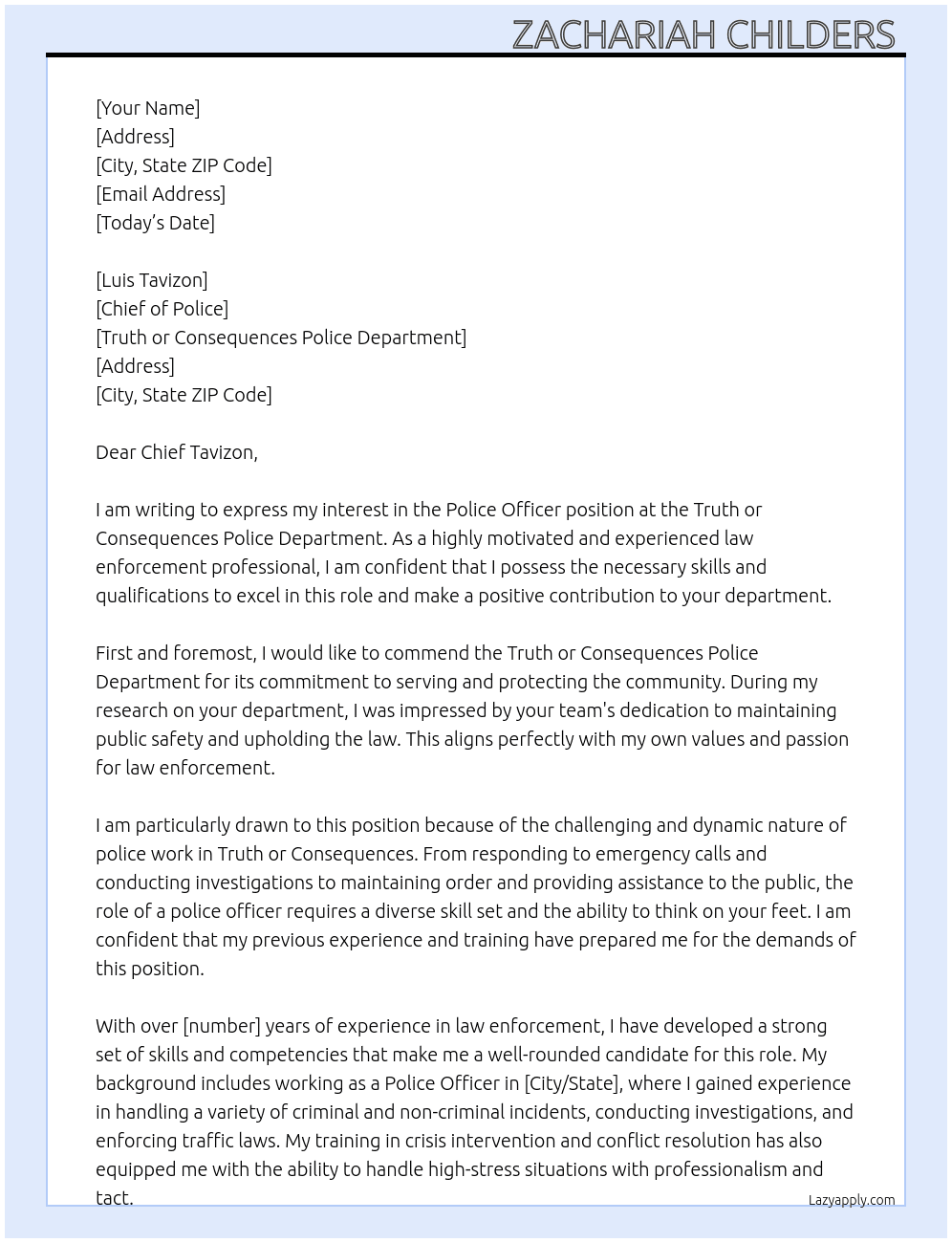 Police officer At Truth or Consequences Police Department Cover Letter