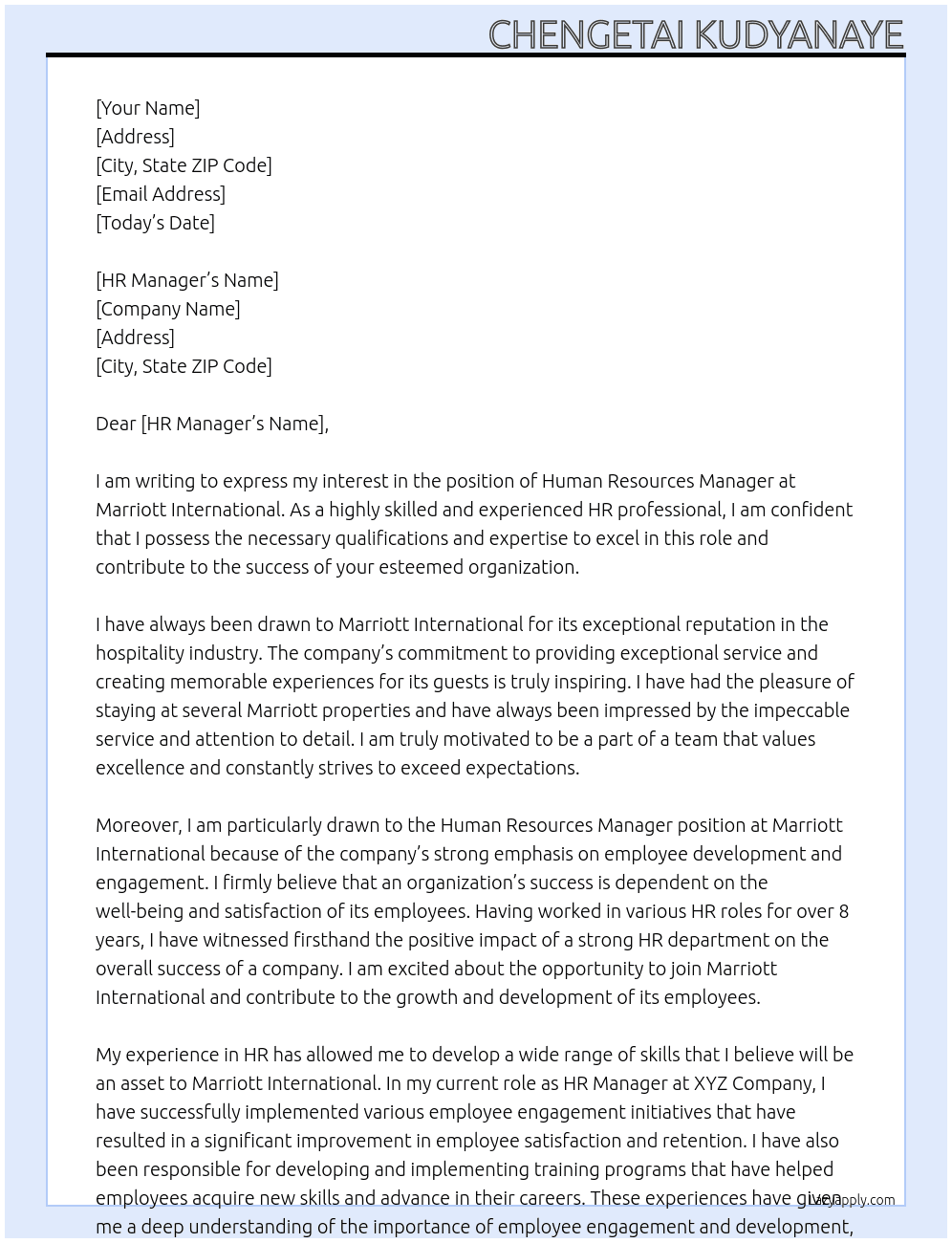 Human Resources Manager At Marriott International  Cover Letter