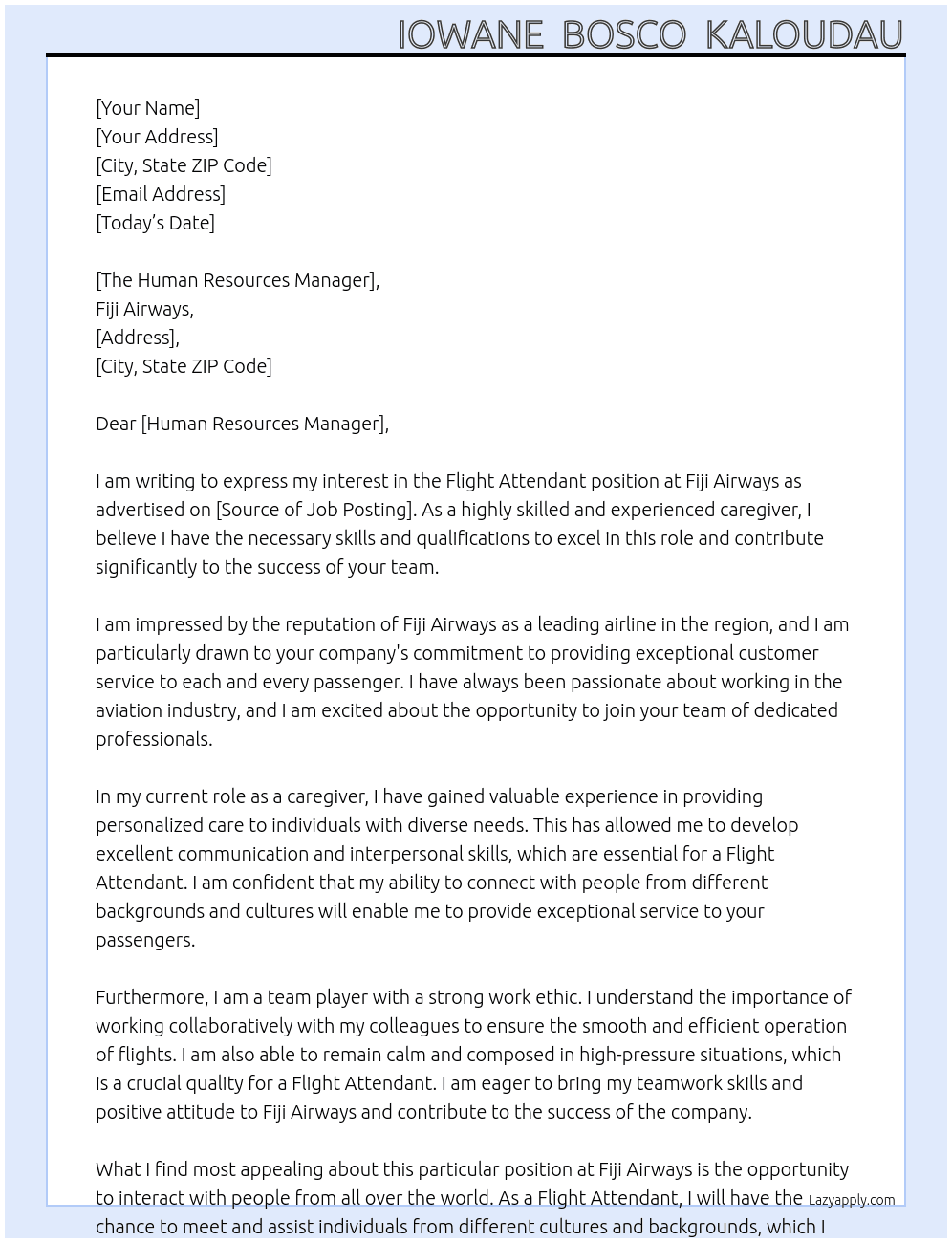 Flight Attendent  At Fiji Airways Cover Letter