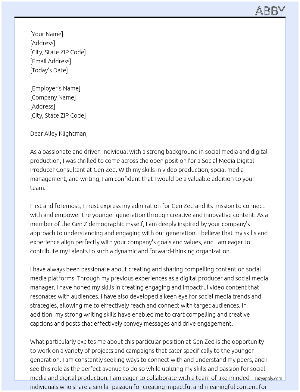 Social media digital producer consultant  At Gen Zed Cover Letter