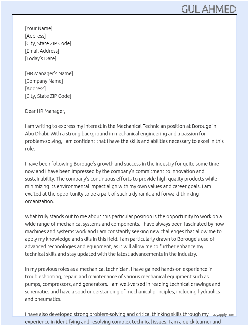 Mechanical Technician At Borouge Cover Letter
