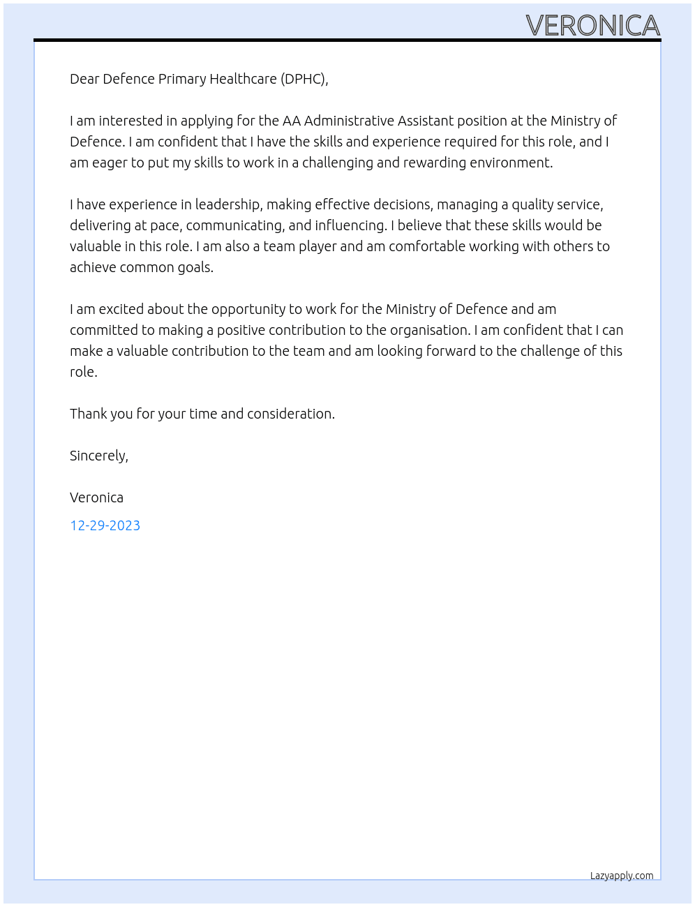 AA Administrative Assistant At Ministry of Defence Cover Letter