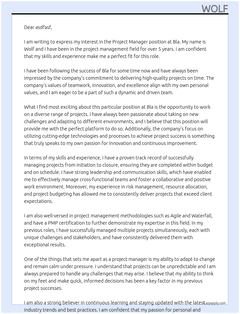 Project Manager At Bla Cover Letter