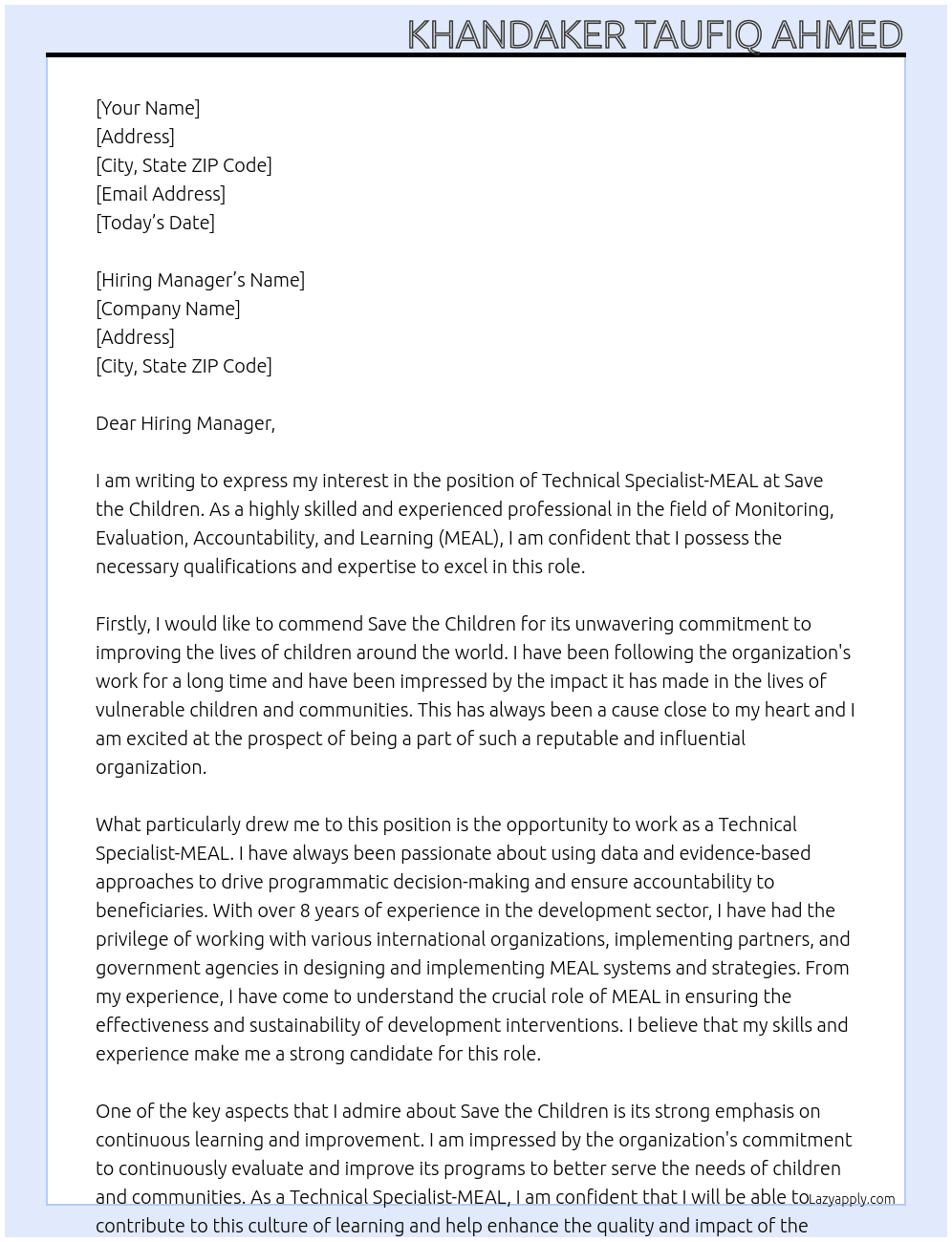 Cover letter for technical specialist-meal - LazyApply