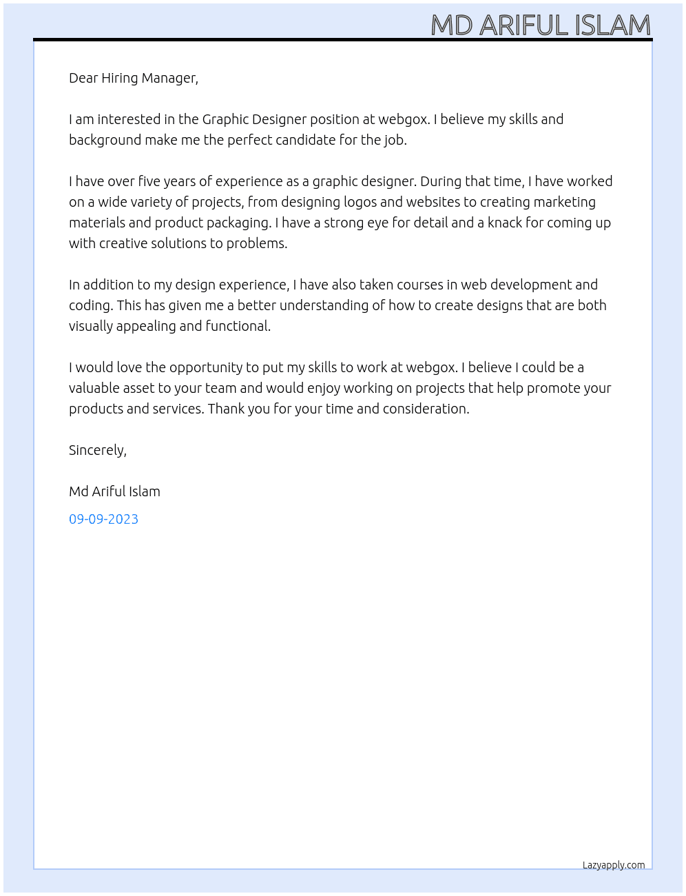 Graphic Designer At webgox Cover Letter