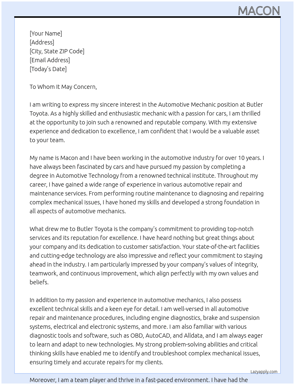Automotive mechanic At Butler Toyota Cover Letter