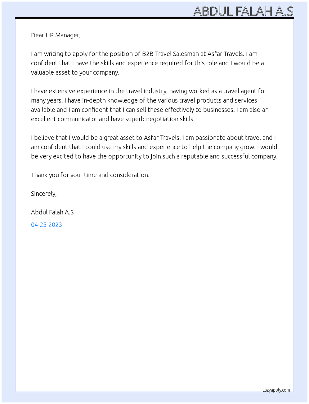 B2B Travel Salesman At Asfar Travels Cover Letter