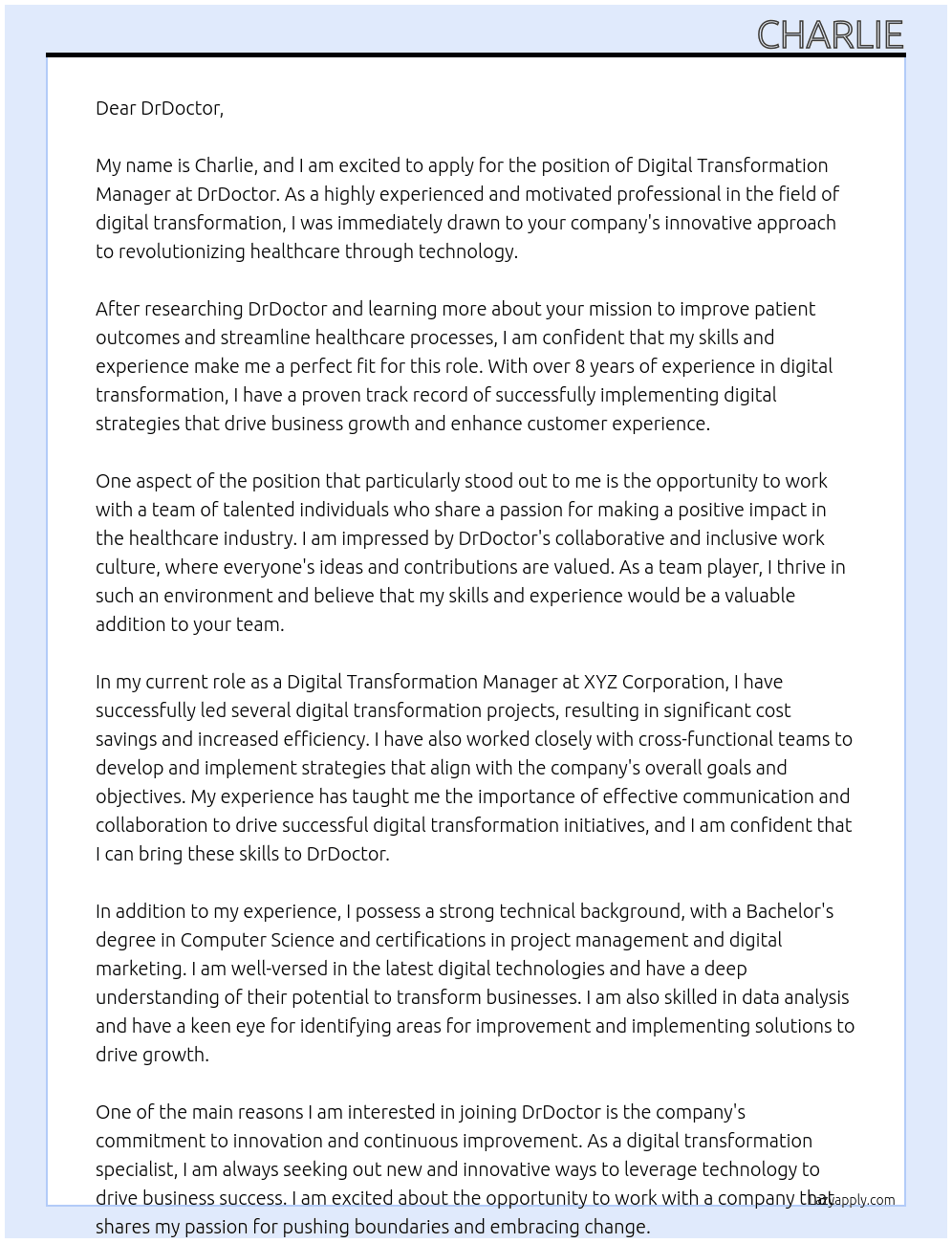 digital Transformation manager At DrDoctor Cover Letter