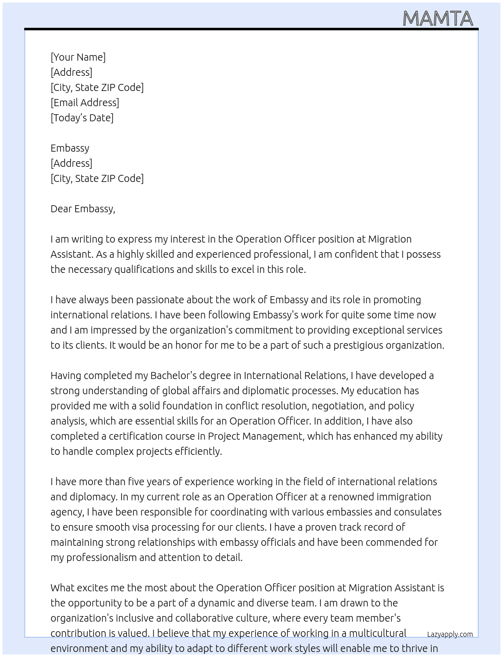 Operation officer  At Migration assistant Cover Letter