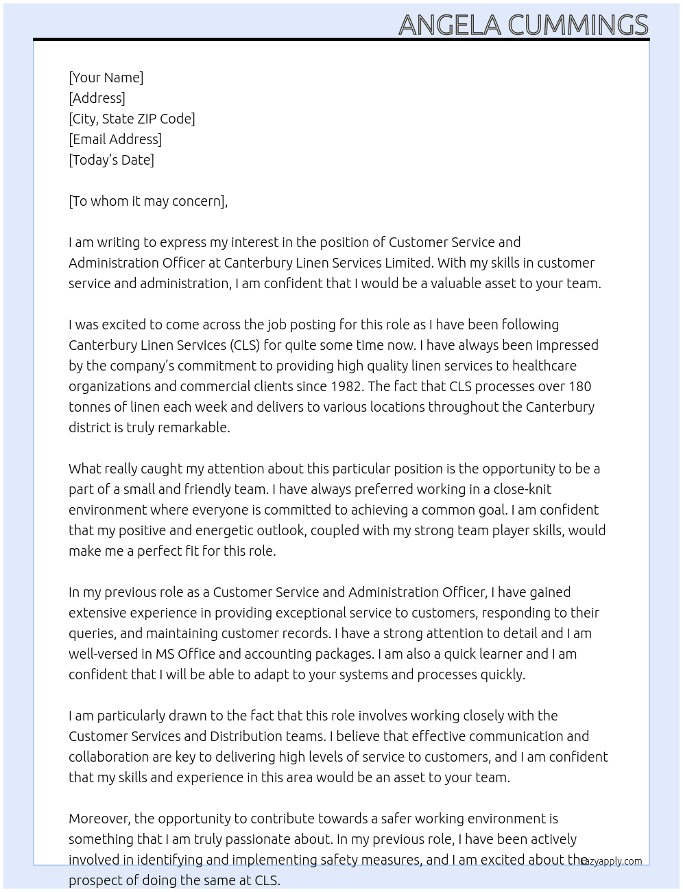 Customer Service and Administration At Canterbury Linen Services Limited Cover Letter