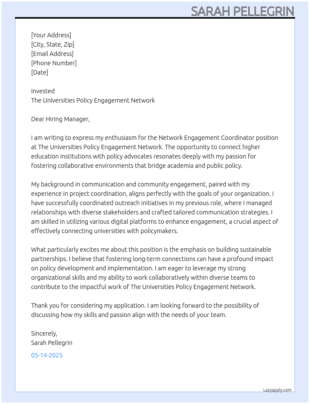 Network Engagement Coordinator At The Universities Policy Engagement Network Cover Letter