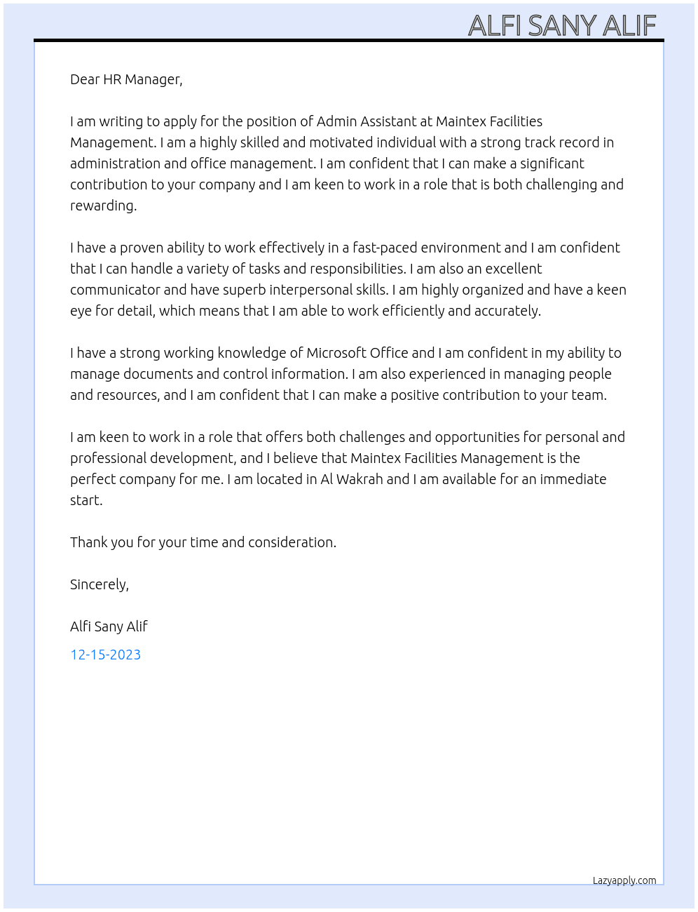 Admin Assistant  At Maintex Facilities Management Cover Letter