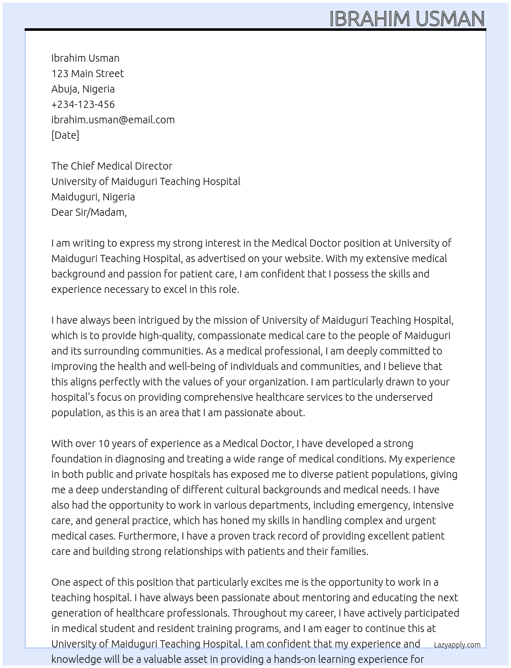Medical doctor At University of Maiduguri Teaching hospital Cover Letter