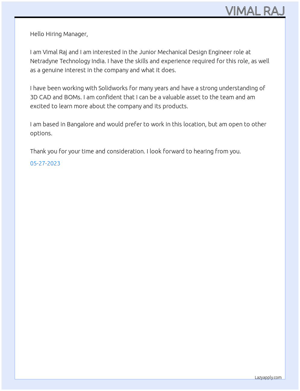 Junior Mechanical Design Engineer At Netradyne Technology India Cover Letter
