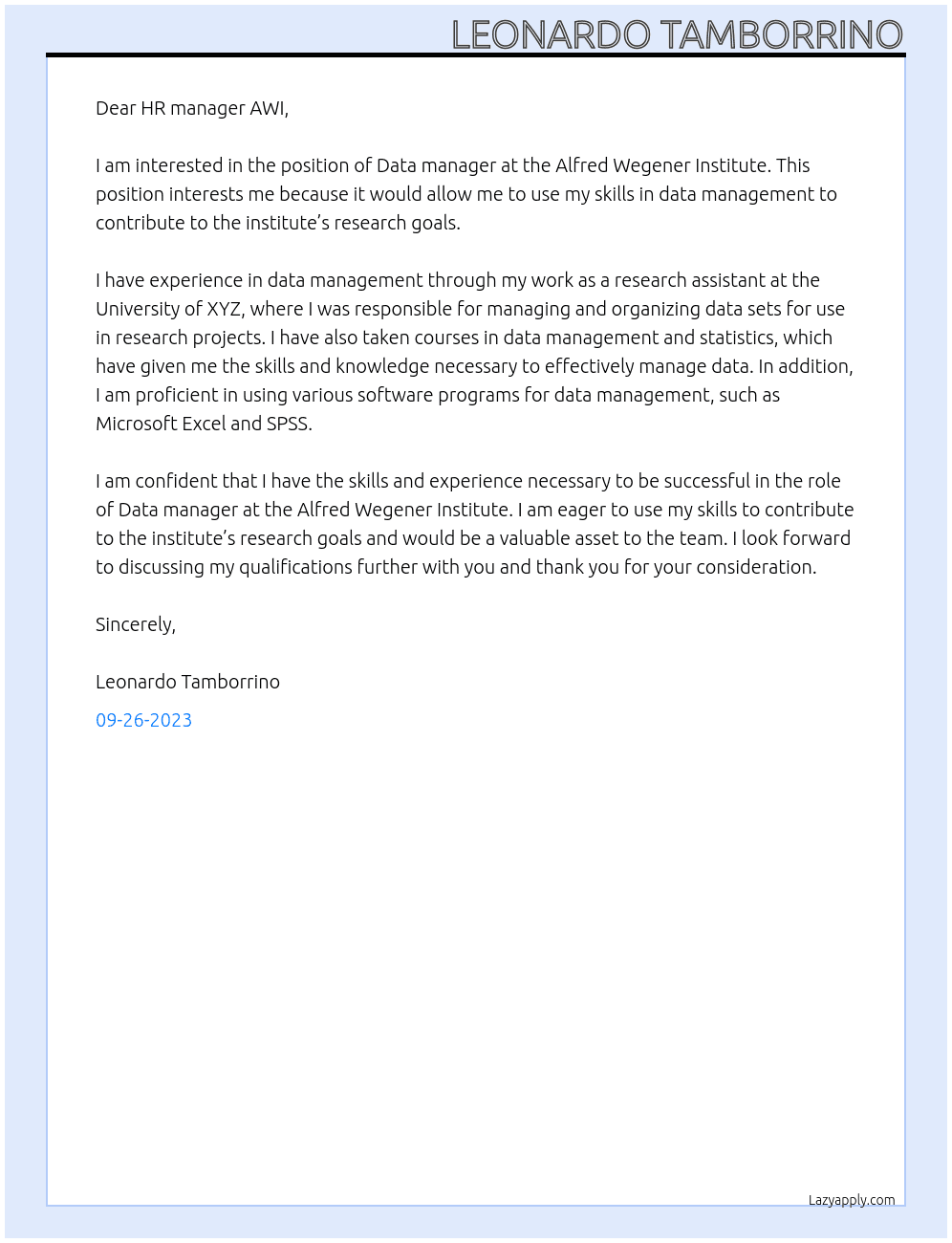 Data manager At Alfred Wegener Institute Cover Letter