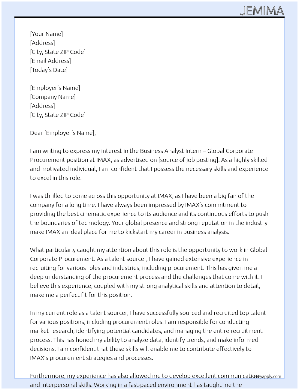 	Business Analyst Intern - Global Corporate Procurement At IMAX Cover Letter