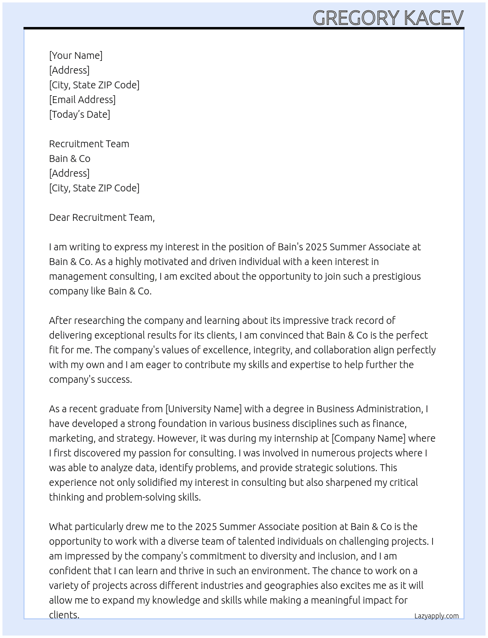 Bain's 2025 Summer Associate At Bain & Co Cover Letter