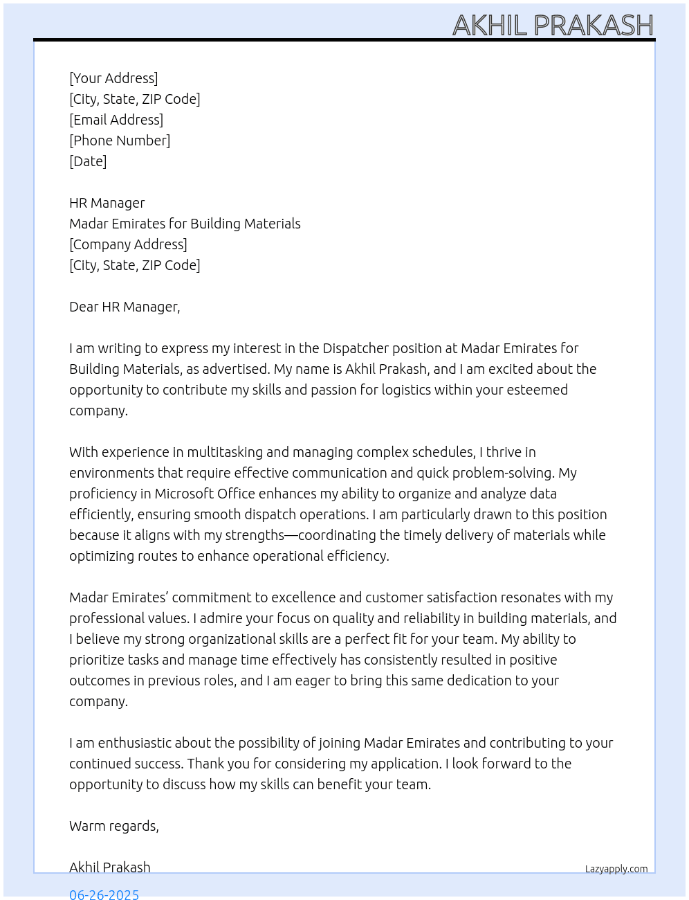 Dispatcher  At Madar Emirates for Building Materials Cover Letter