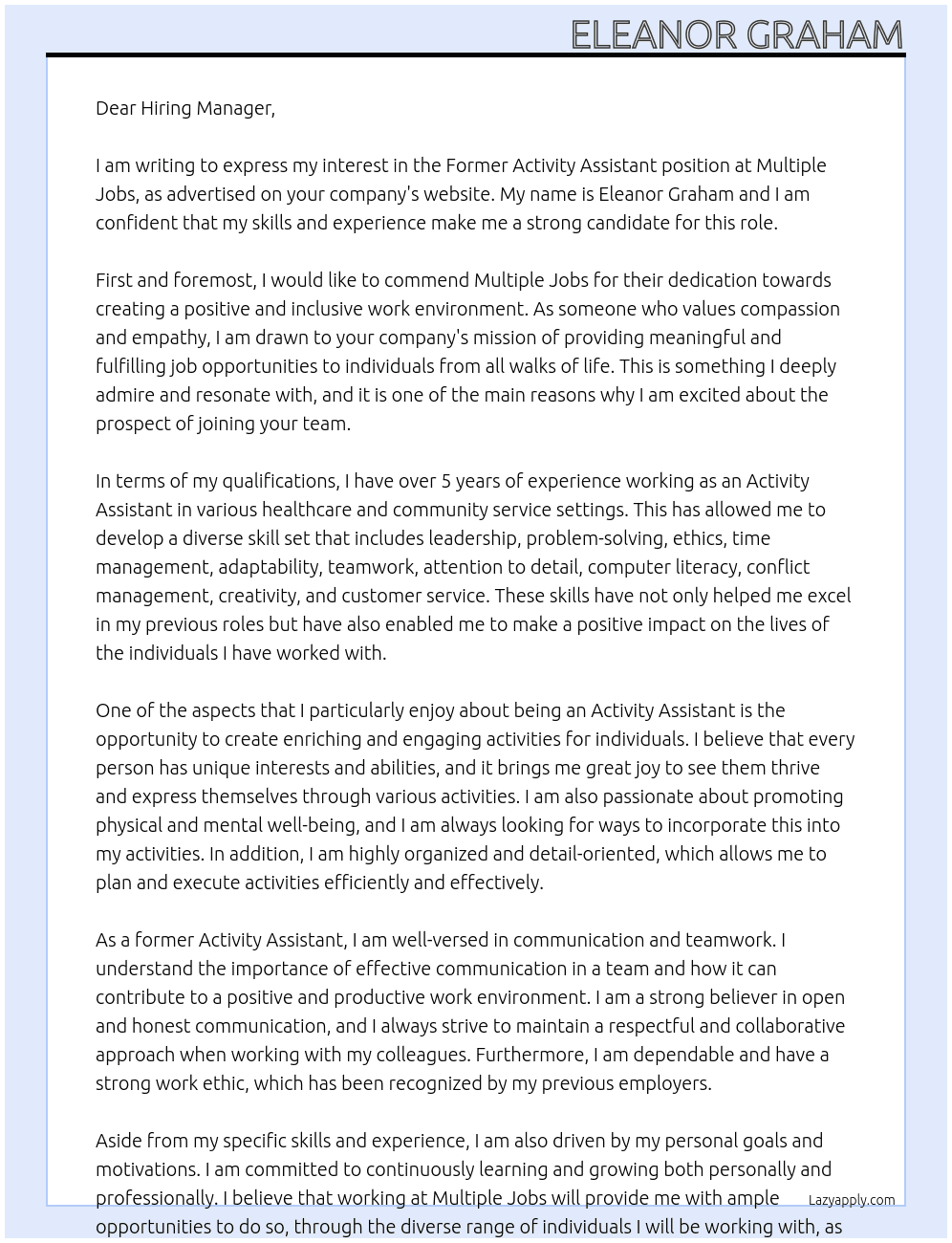 Former activity assistant  At Multiple jobs Cover Letter