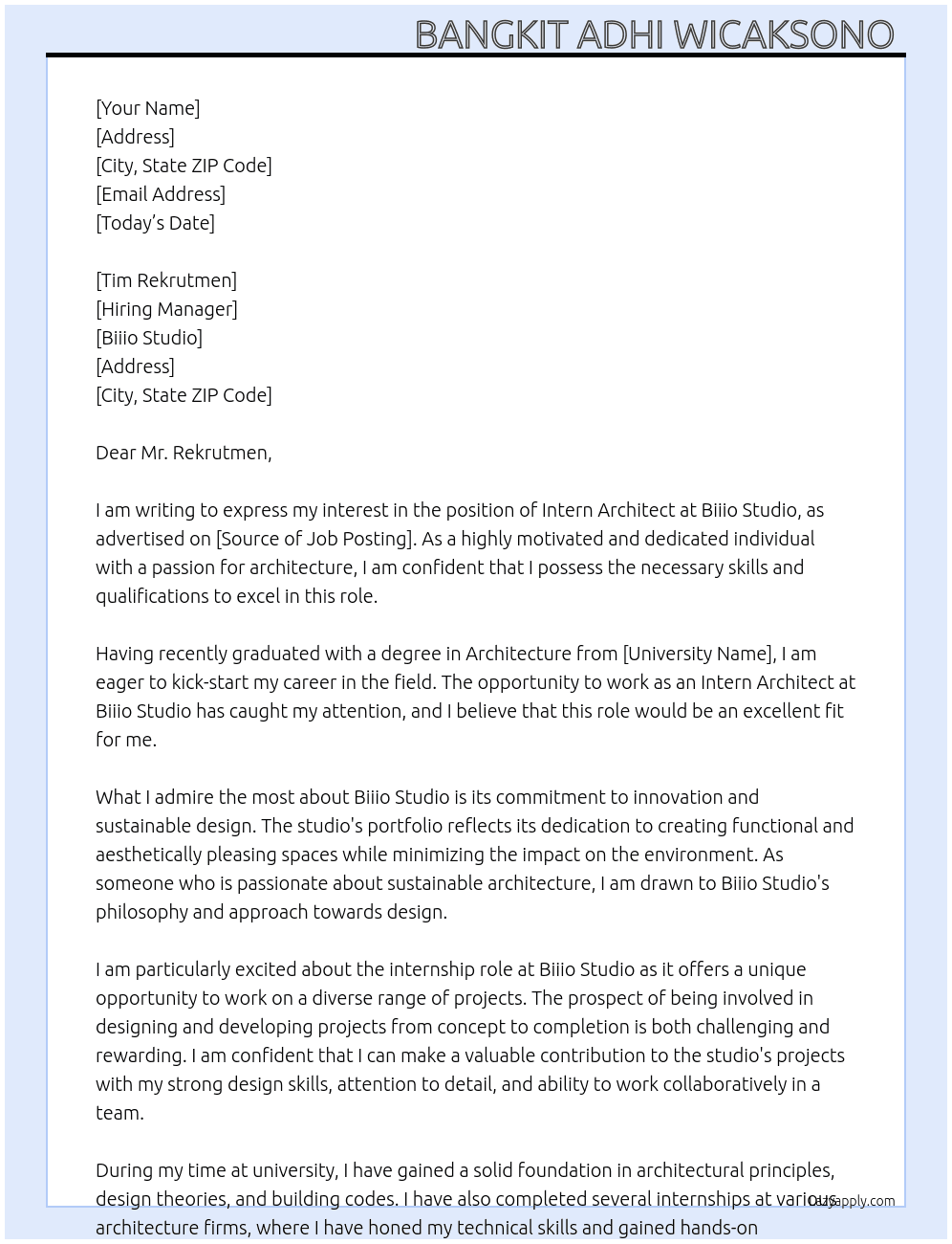 Intern Architect At Biiio Studio Cover Letter